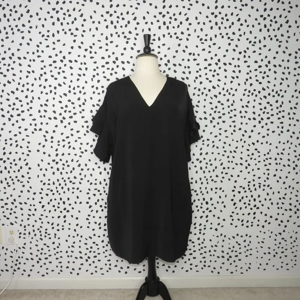 City Chic Black Double Frill Ruffle Sleeve V-Neck Tunic Dress - Picture 3 of 10